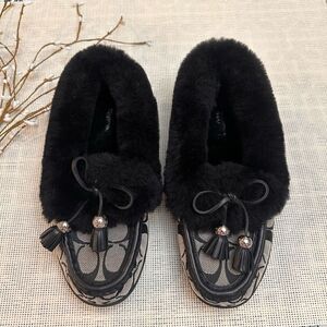 Coach Black Signature CC Tasseled Moccasin Fiona Canvas Slip On Loafers sz 6.5 B